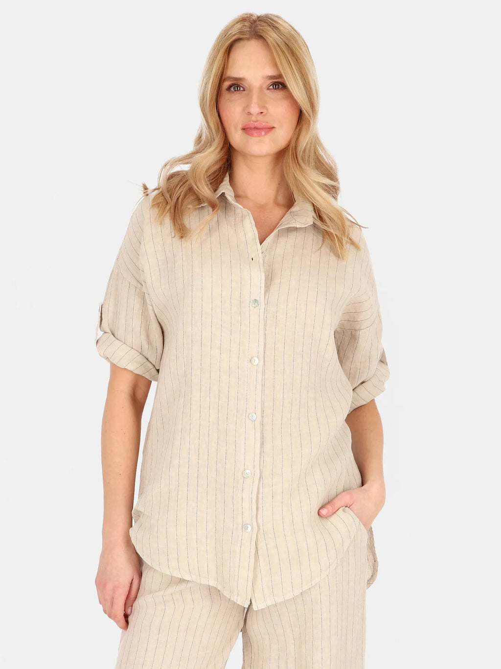 Chemisier Rayé Beige 100% Lin
