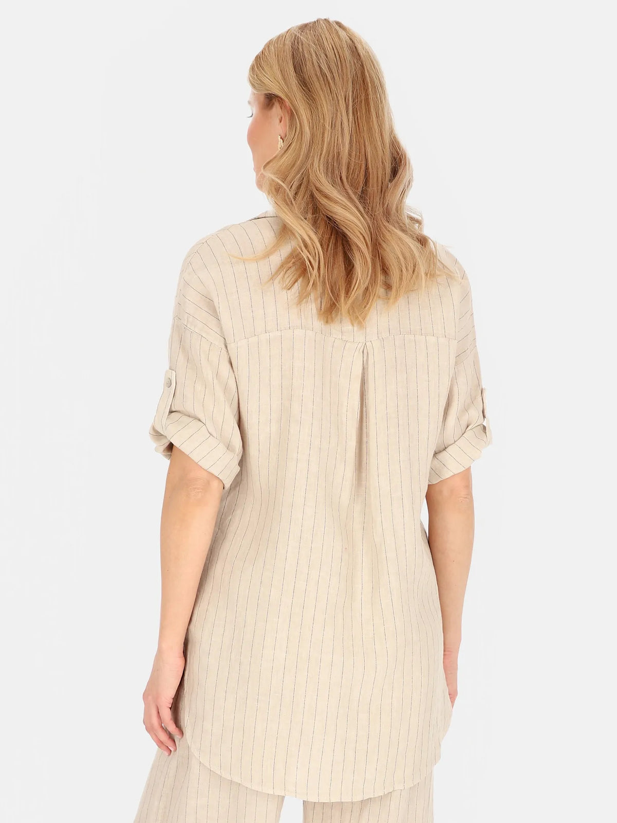 Chemisier Rayé Beige 100% Lin
