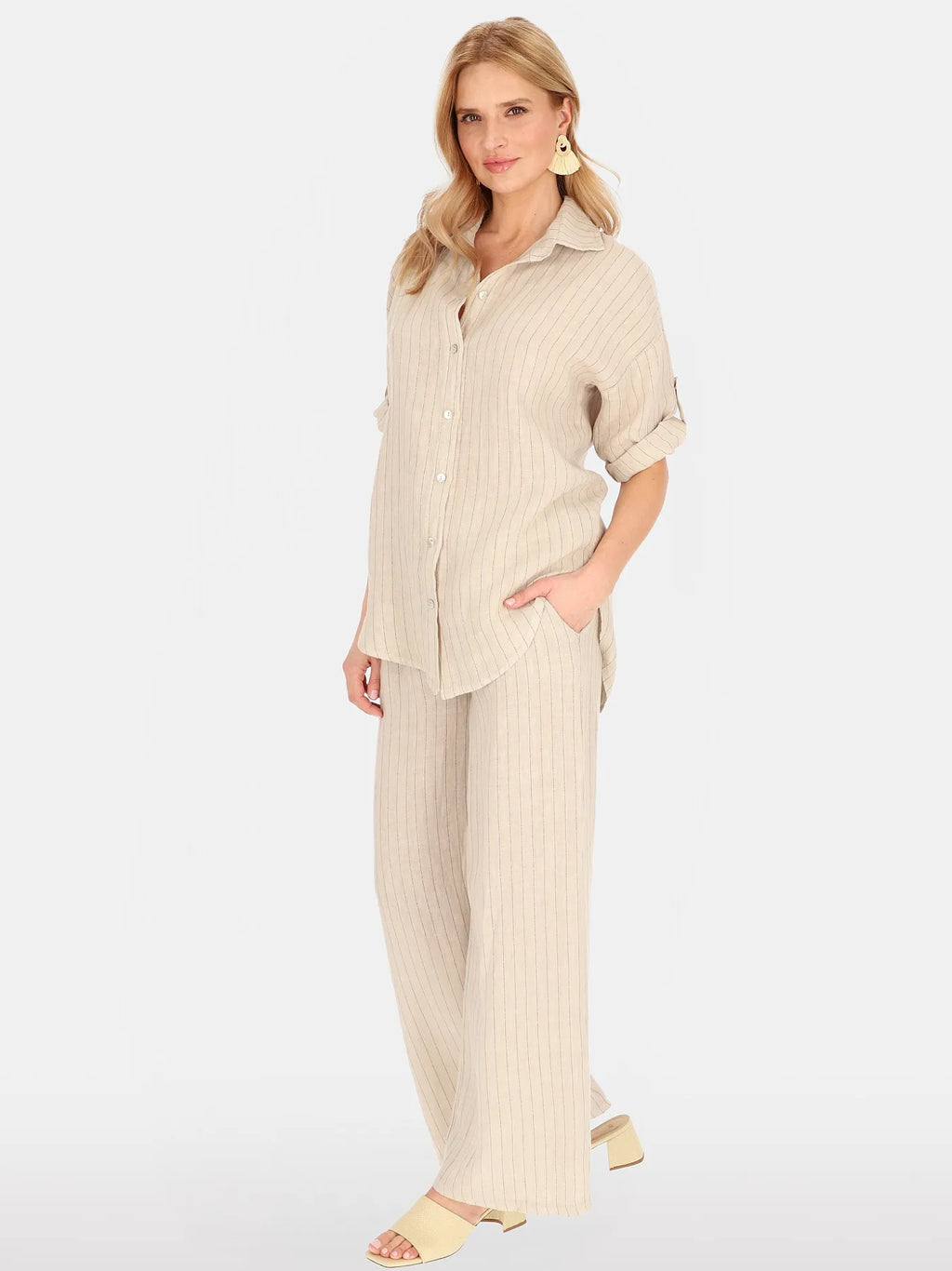 Chemisier Rayé Beige 100% Lin