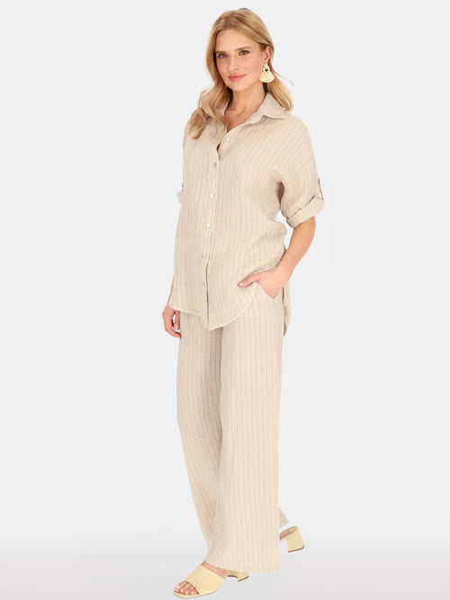 Chemisier Rayé Beige 100% Lin