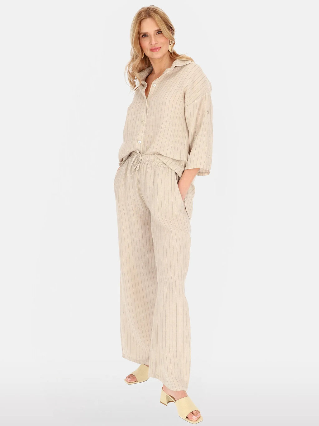 Chemisier Rayé Beige 100% Lin
