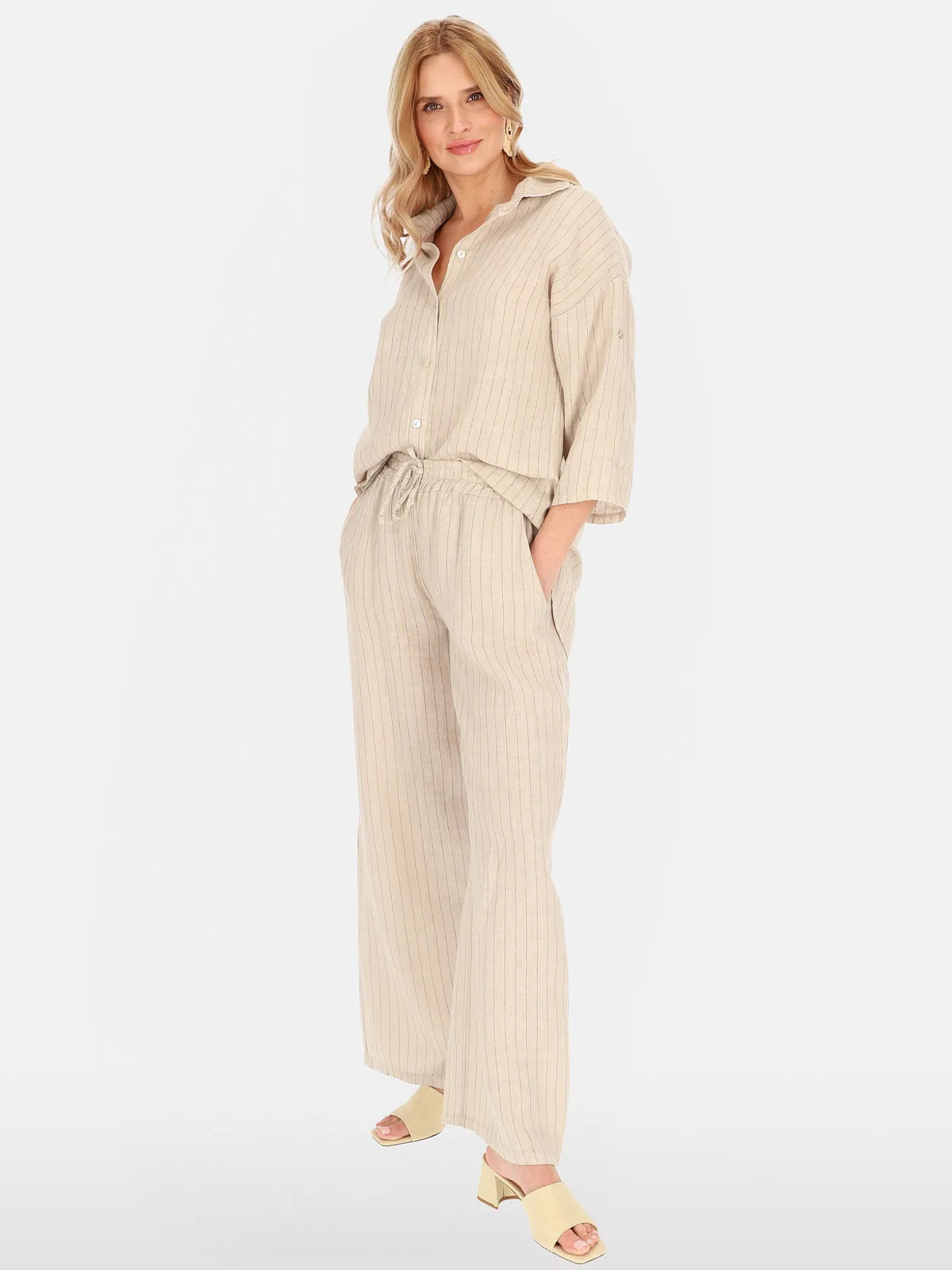 Chemisier Rayé Beige 100% Lin