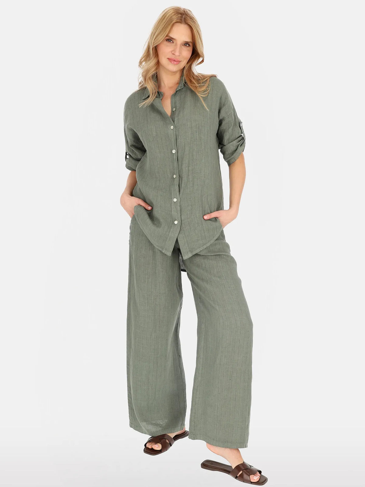 Pantalon Ample kaki 100% Lin