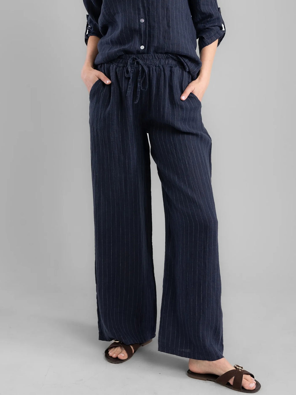 Pantalon Ample Rayé Bleu Marine 100% Lin