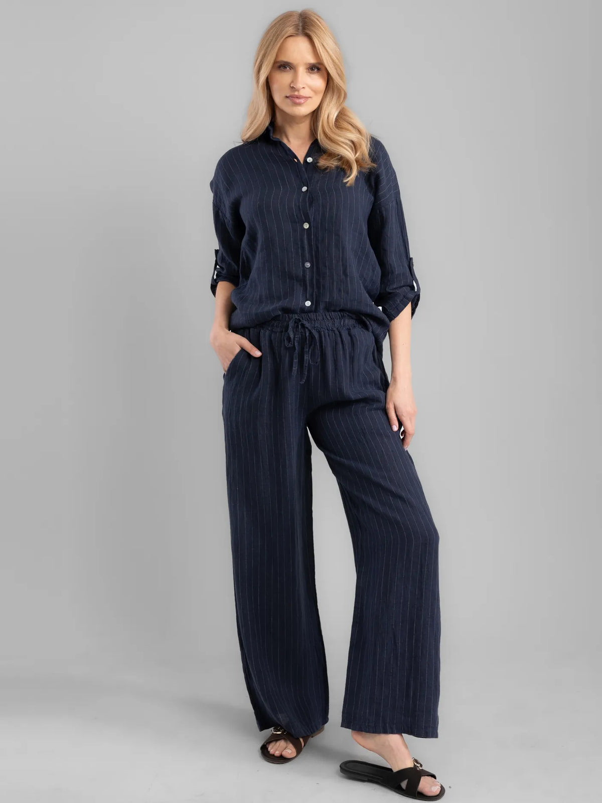 Pantalon Ample Rayé Bleu Marine 100% Lin