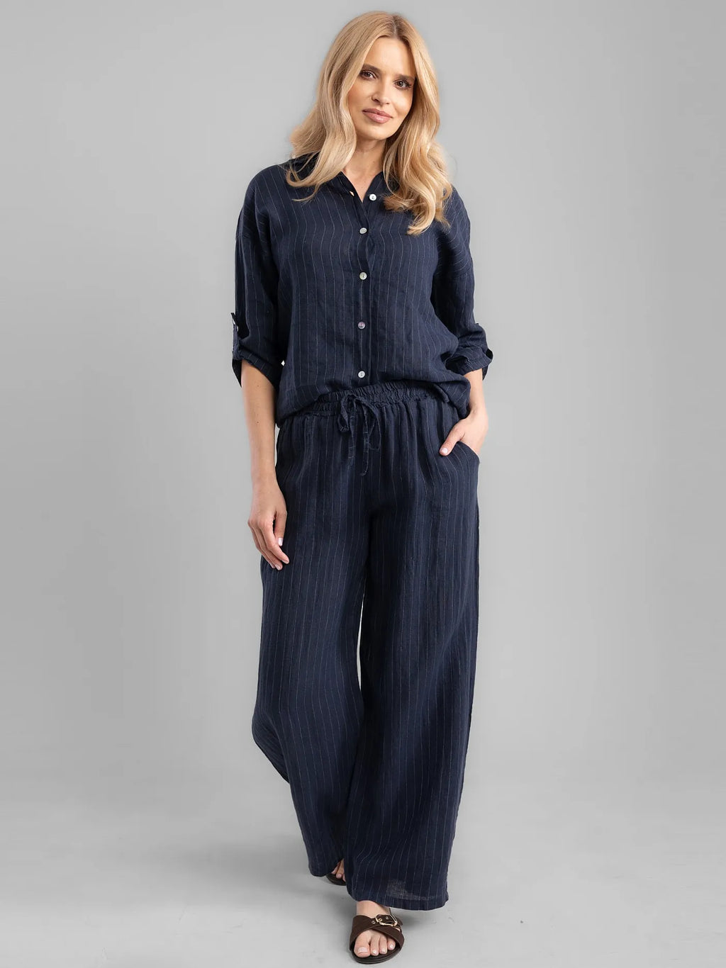 Pantalon Ample Rayé Bleu Marine 100% Lin