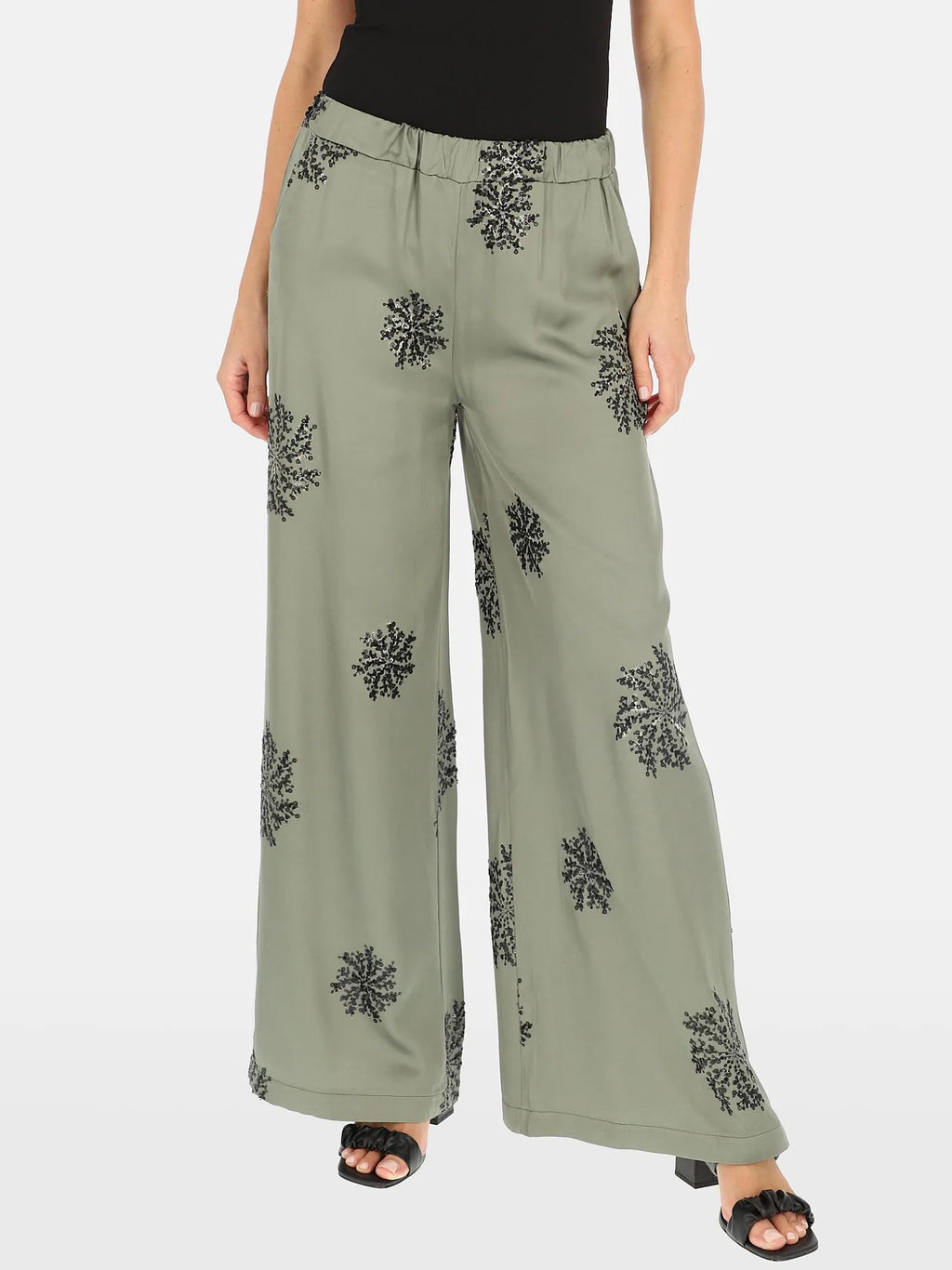 Pantalon Kaki orné Broderies Sequins 93%Viscose
