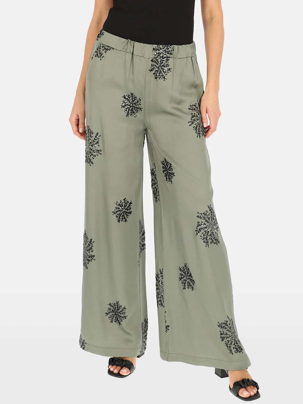 Pantalon Kaki orné Broderies Sequins 93%Viscose