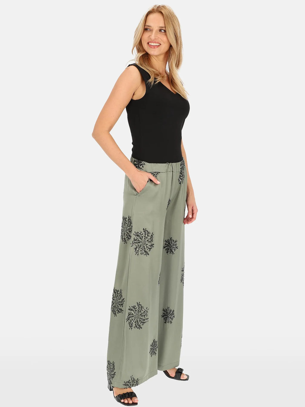 Pantalon Kaki orné Broderies Sequins 93%Viscose