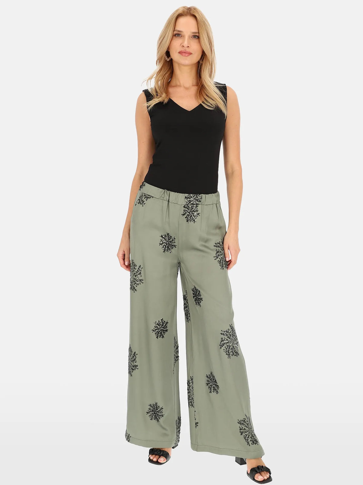 Pantalon Kaki orné Broderies Sequins 93%Viscose