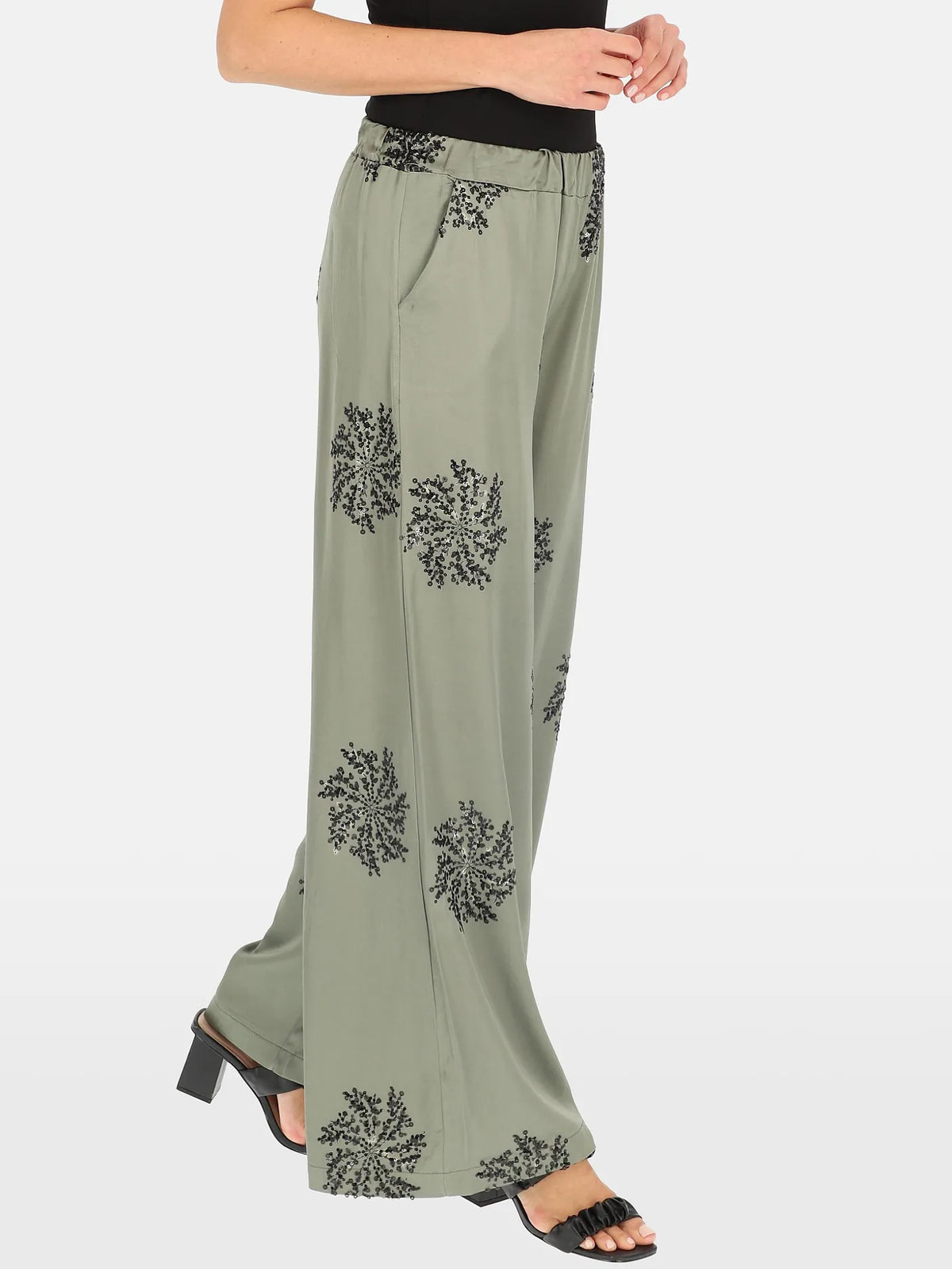 Pantalon Kaki orné Broderies Sequins 93%Viscose