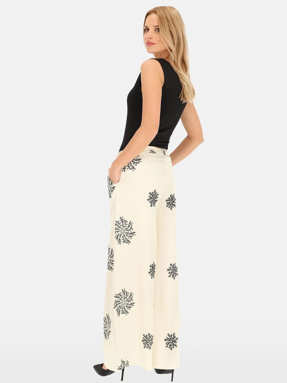 Pantalon Beige Clair orné Broderies Sequins 93% Viscose