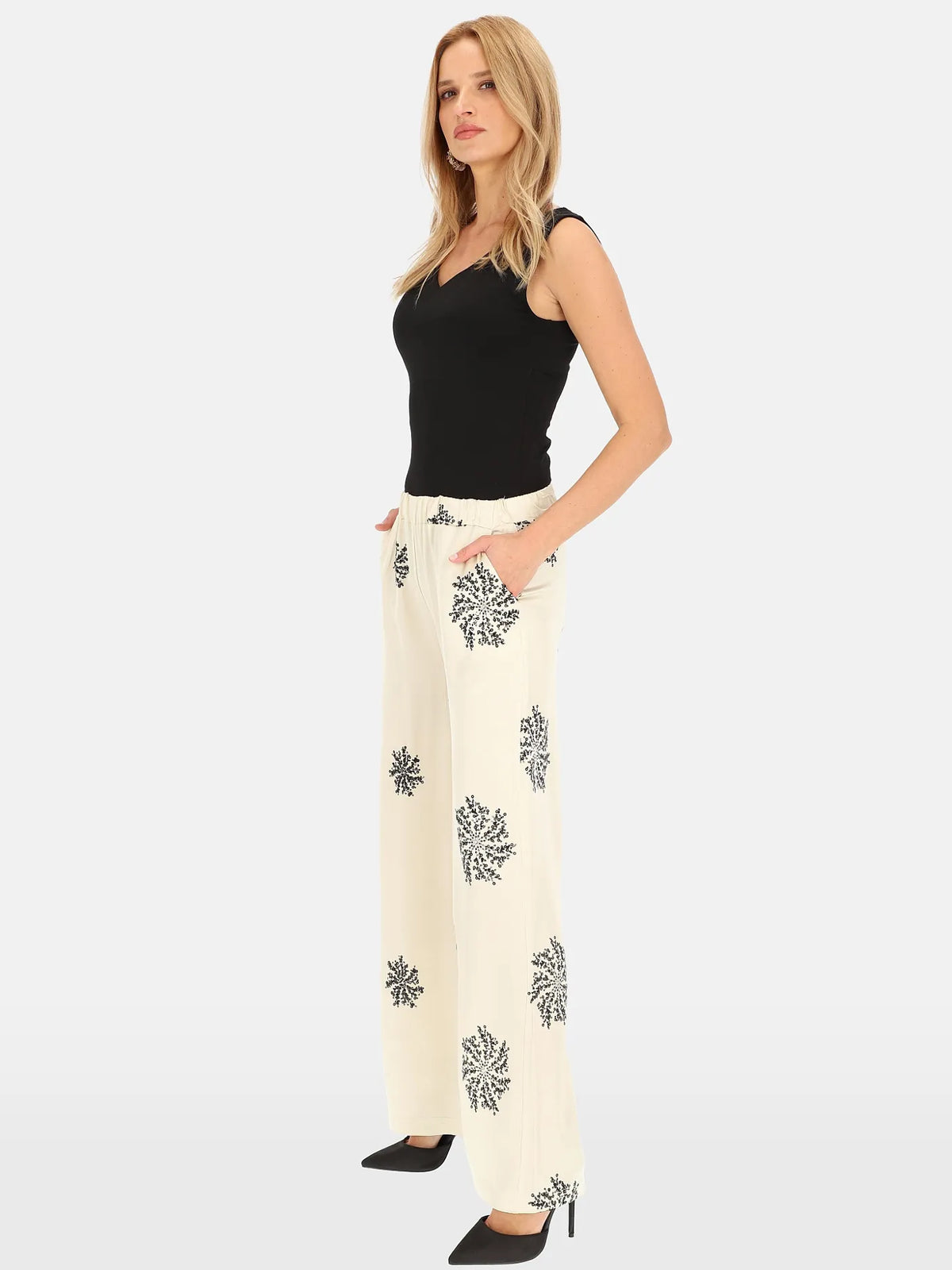 Pantalon Beige Clair orné Broderies Sequins 93% Viscose