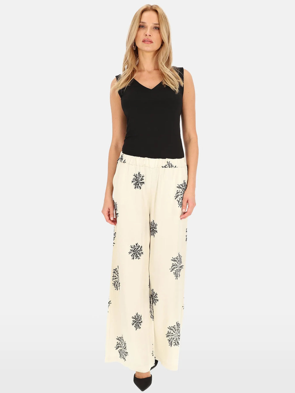 Pantalon Beige Clair orné Broderies Sequins 93% Viscose