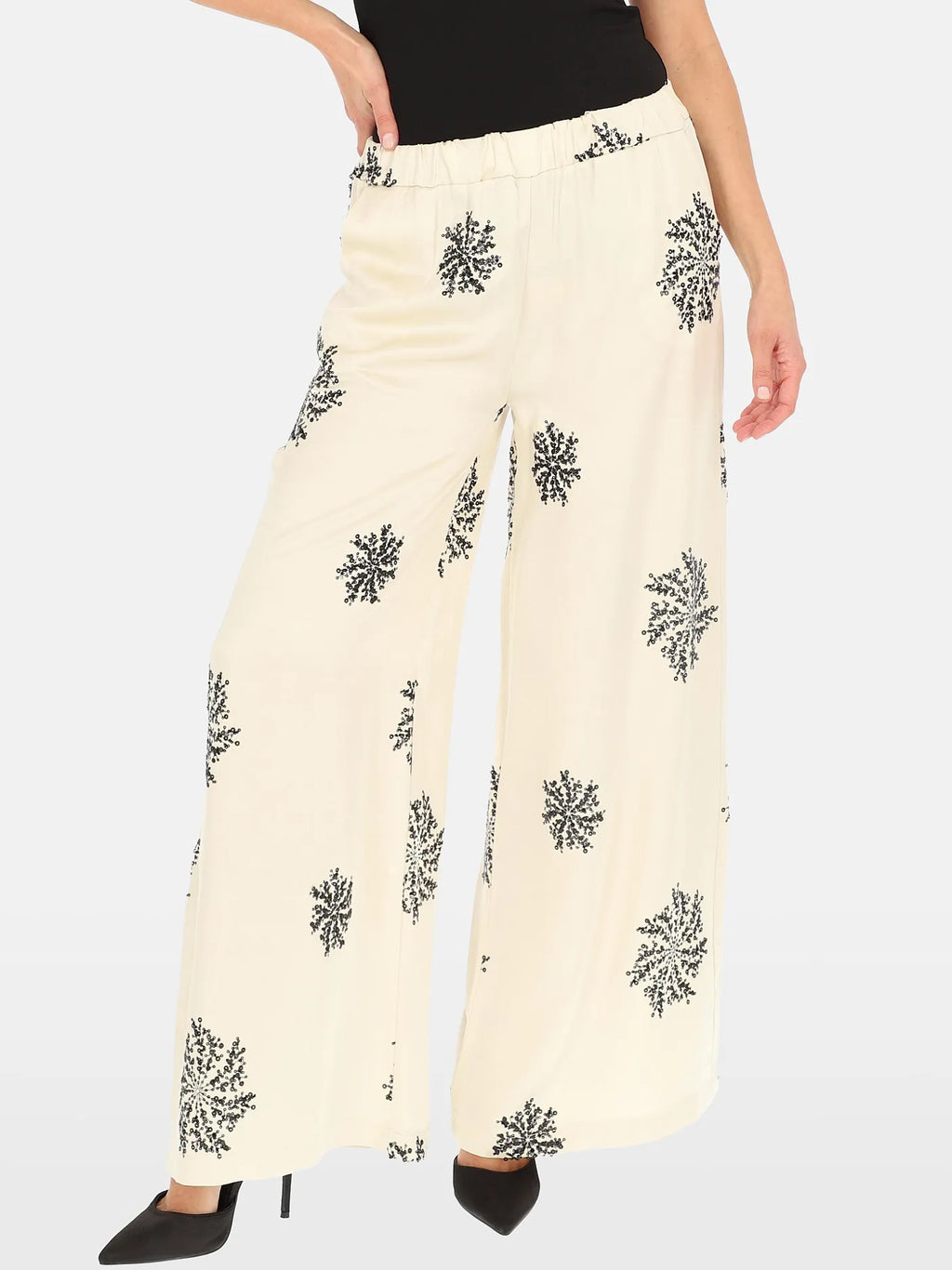 Pantalon Beige Clair orné Broderies Sequins 93% Viscose