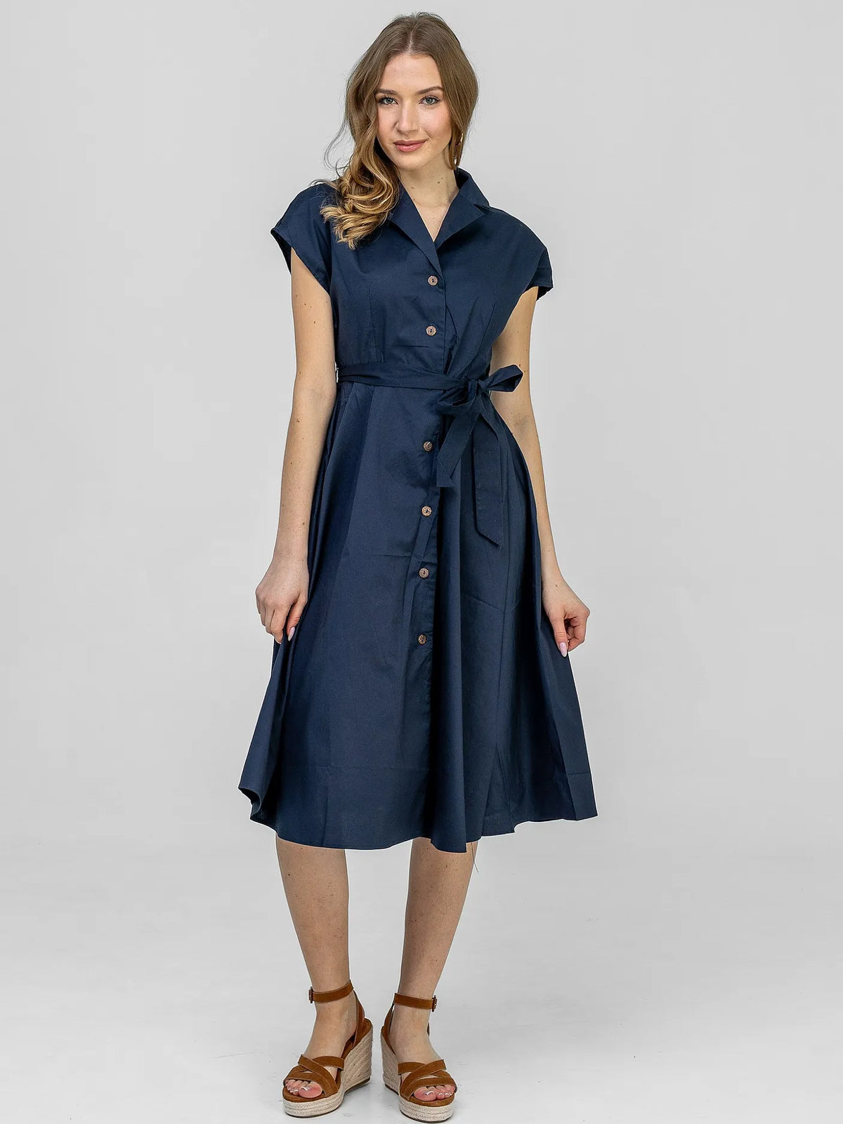 Robe-Chemise Midi Bleu Marine 98%Coton