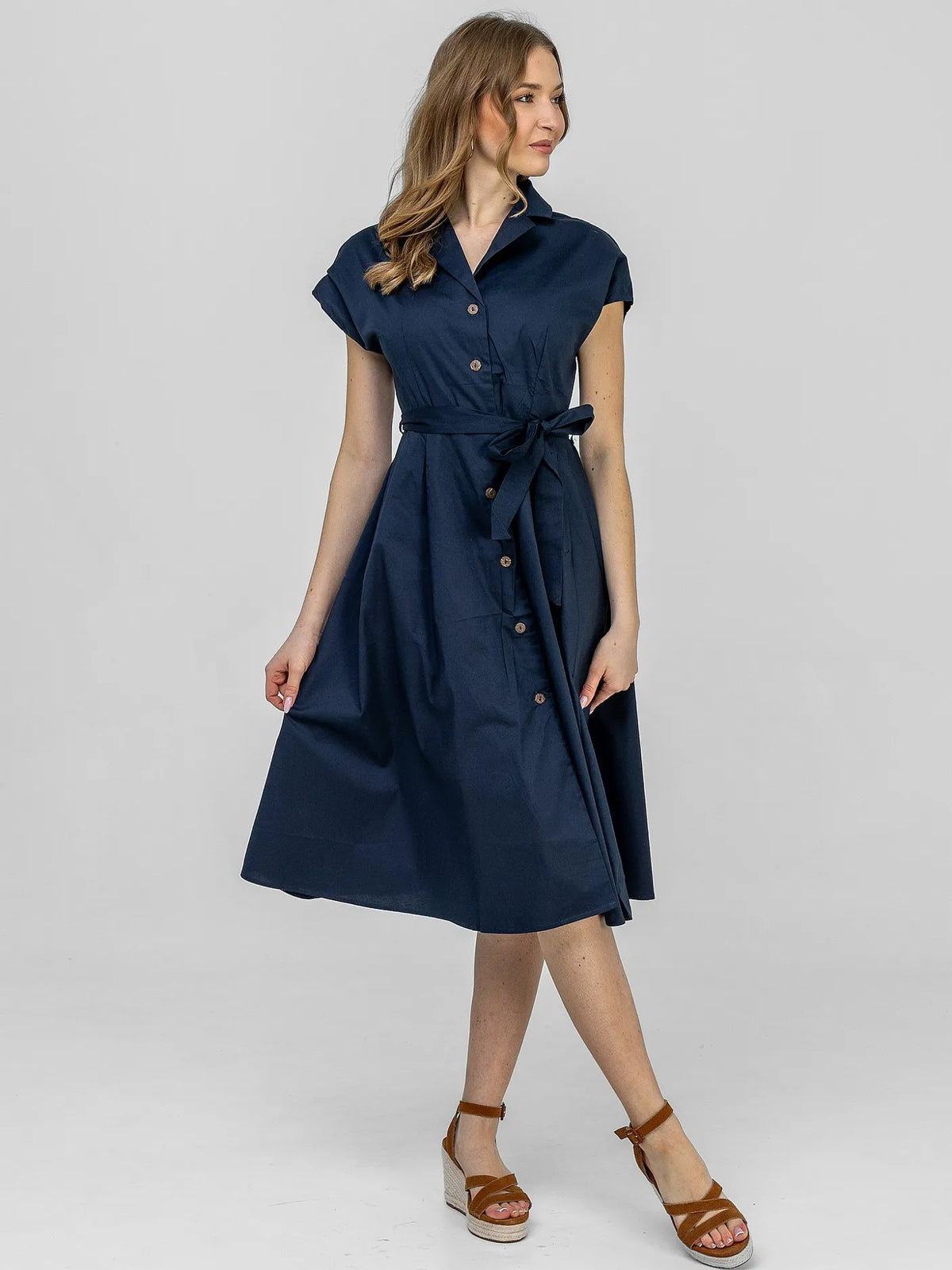 Robe-Chemise Midi Bleu Marine 98%Coton