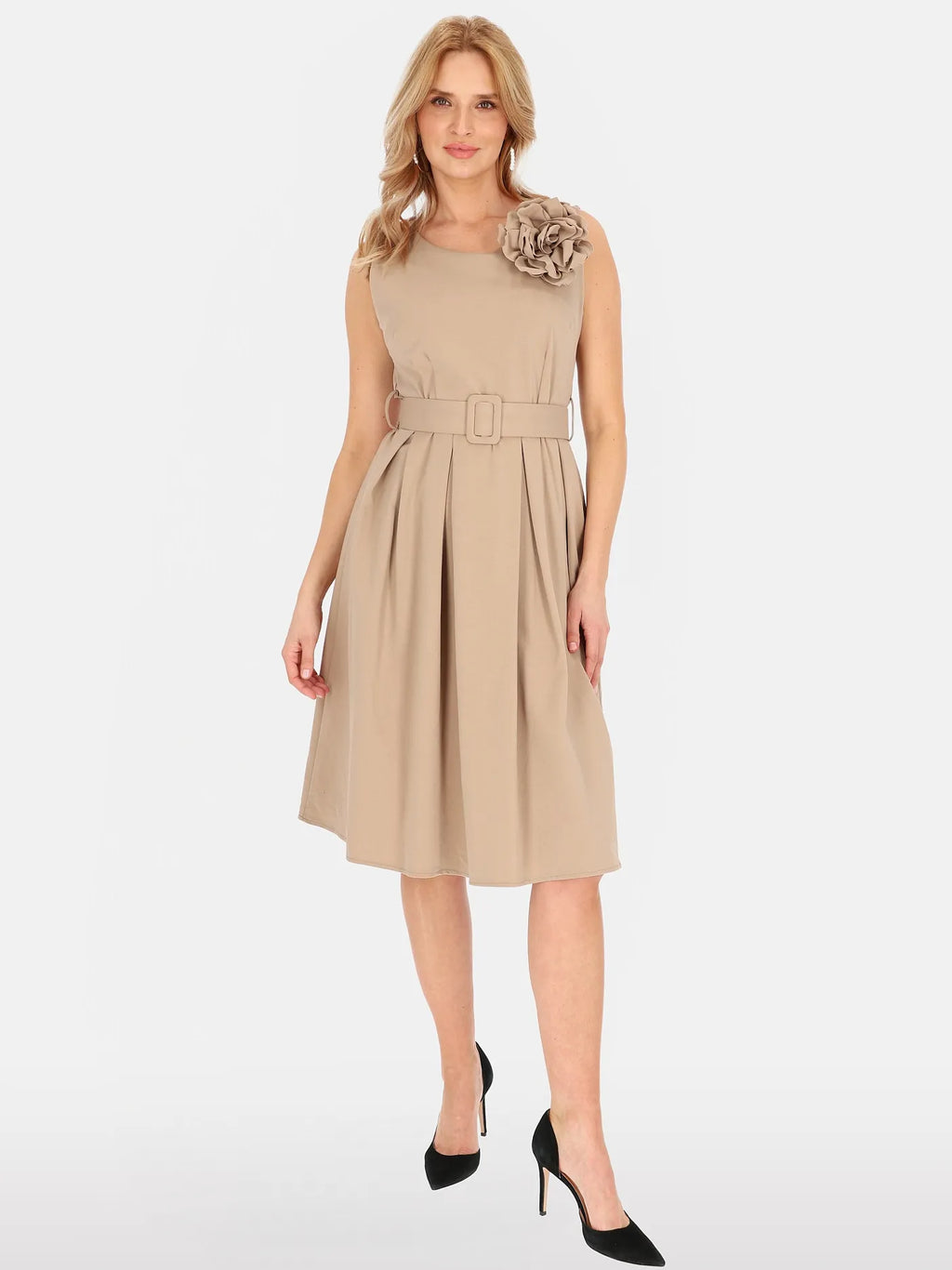 Robe Élégante Beige Sans Manches 52%Coton