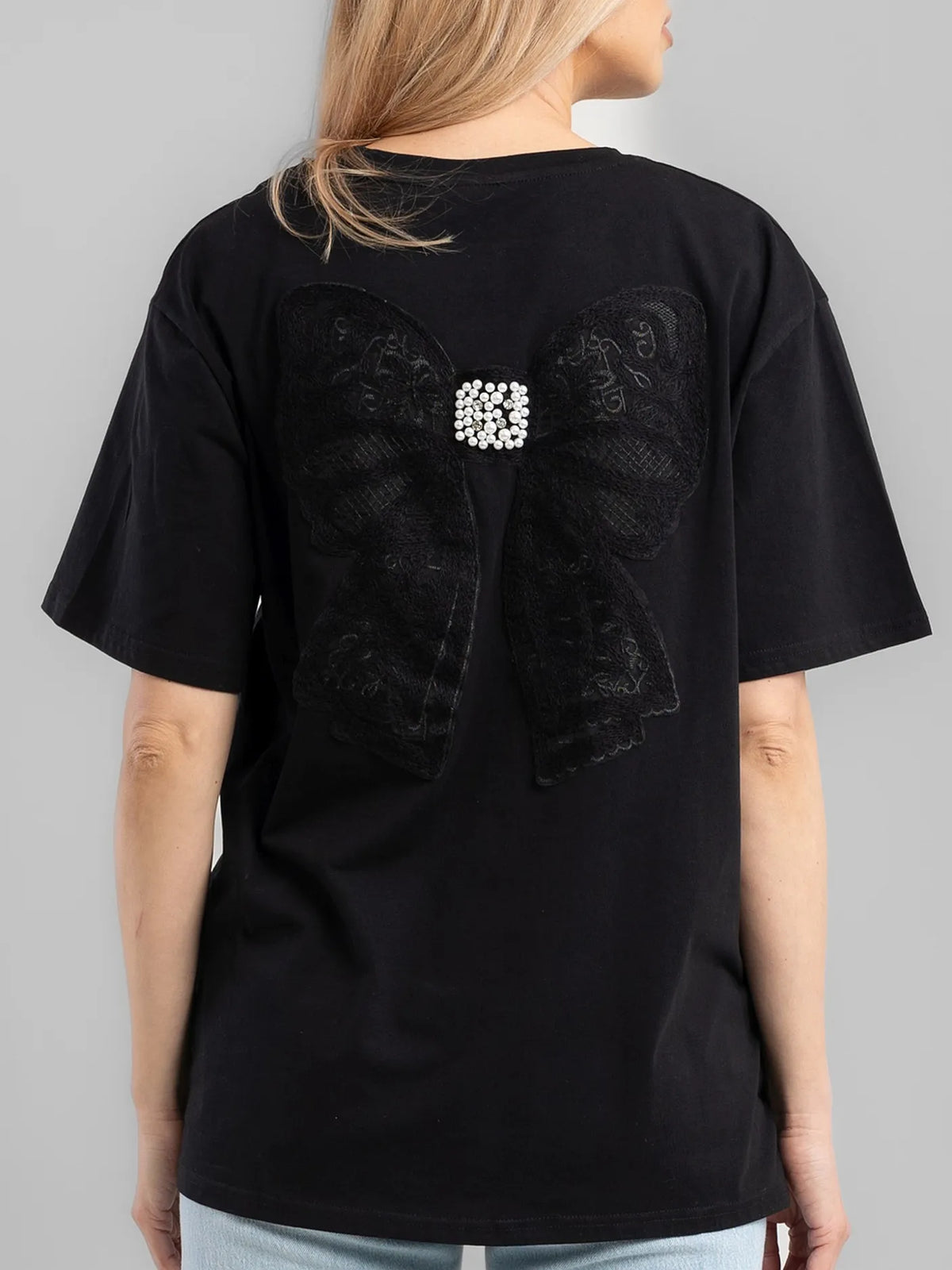 T-shirt Noir avec Nœud au Dos 91%Coton