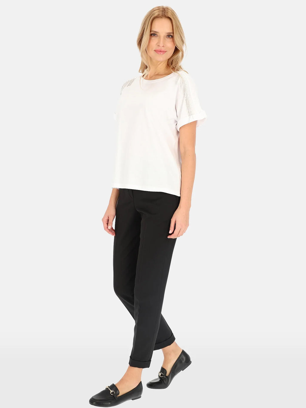 T-shirt Blanc à franges bijoux 100%Coton