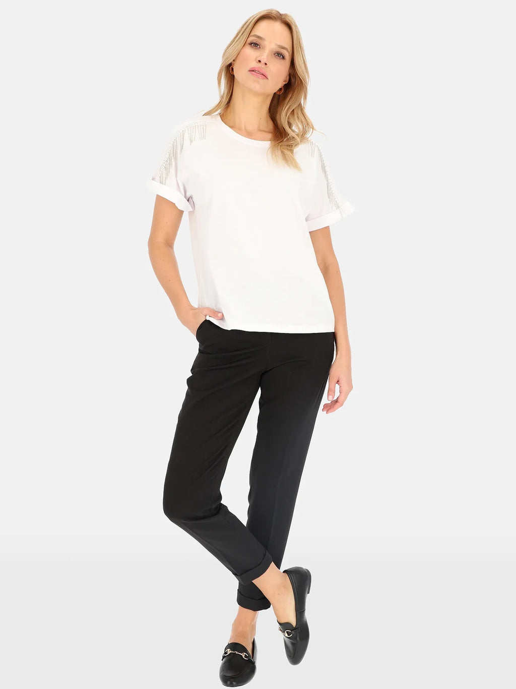 T-shirt Blanc à franges bijoux 100%Coton