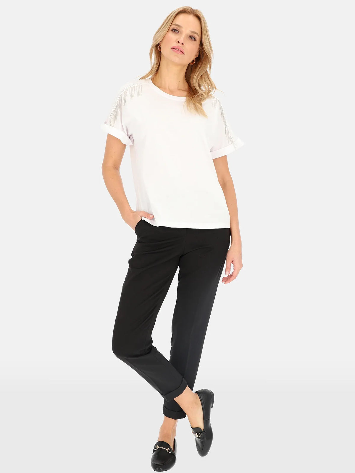 T-shirt Blanc à franges bijoux 100%Coton