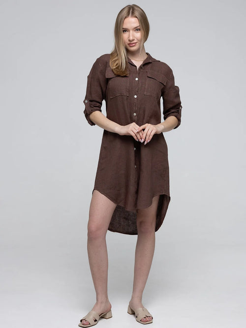 Chemise Long Marron 100% Lin avec Poches