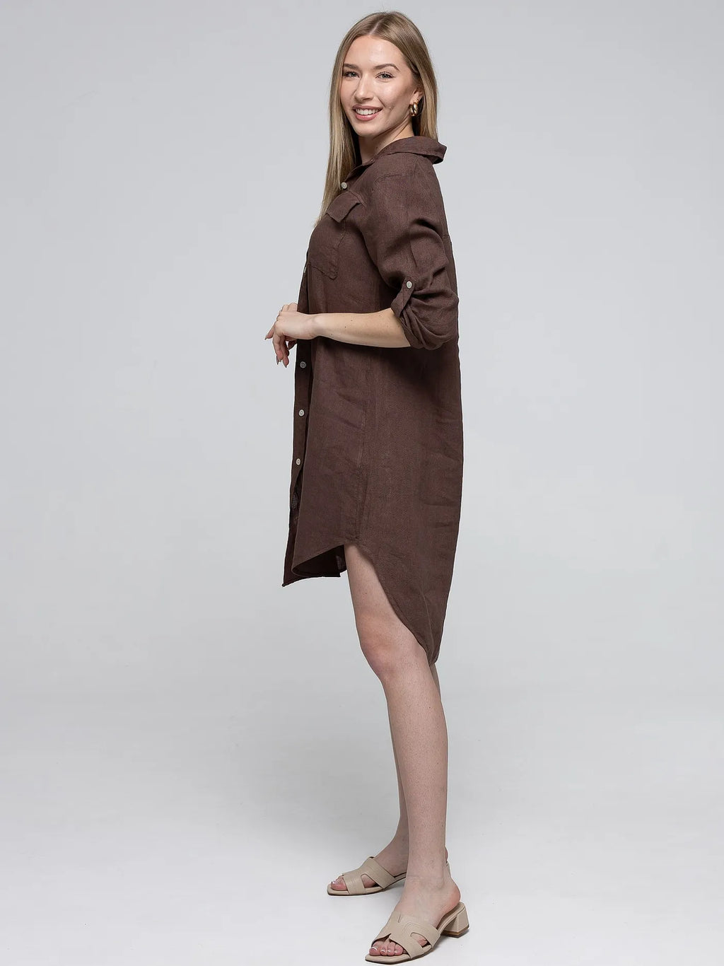 Chemise Long Marron 100% Lin avec Poches