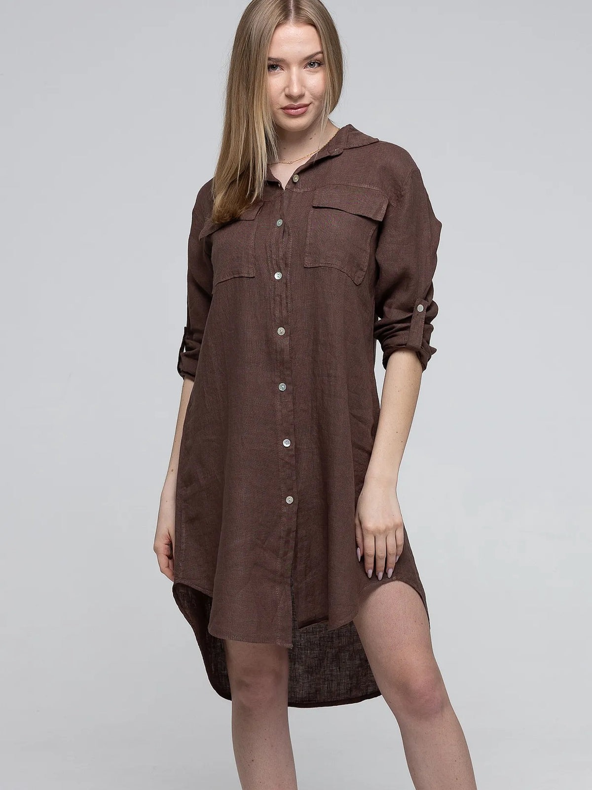 Chemise Long Marron 100% Lin avec Poches