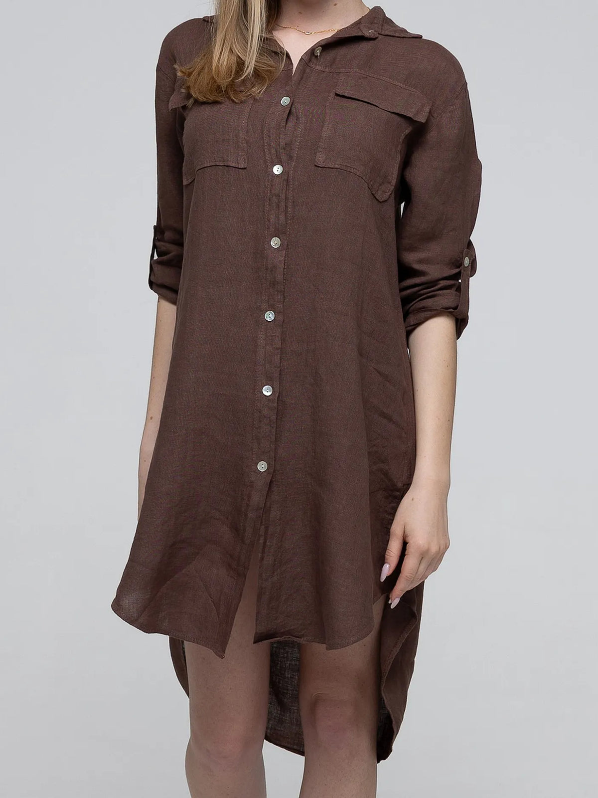 Chemise Long Marron 100% Lin avec Poches
