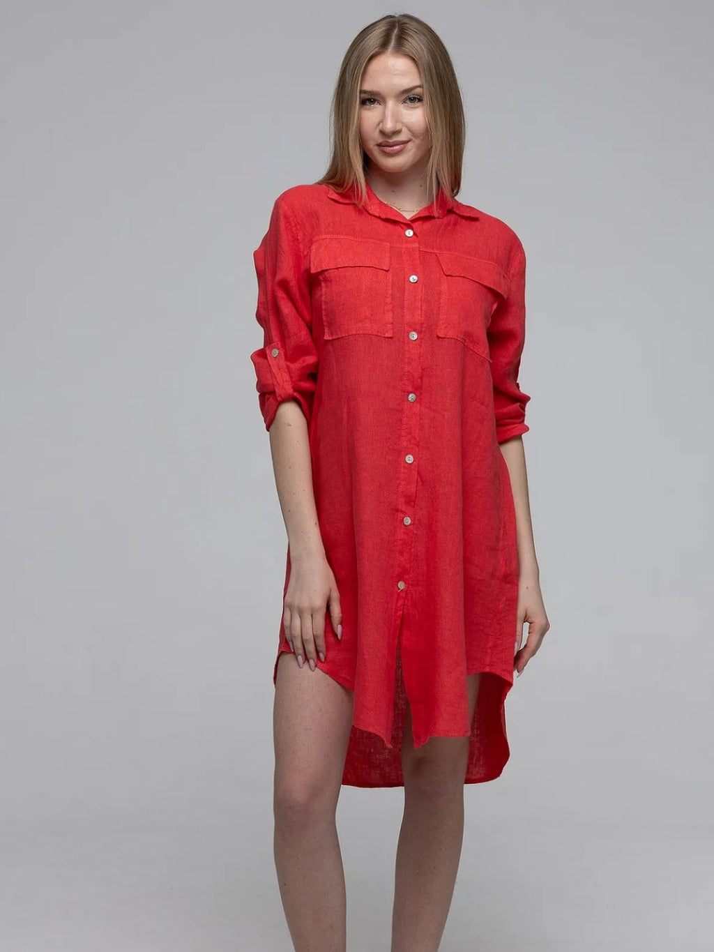 Chemise Long Rouge 100% Lin avec Poches