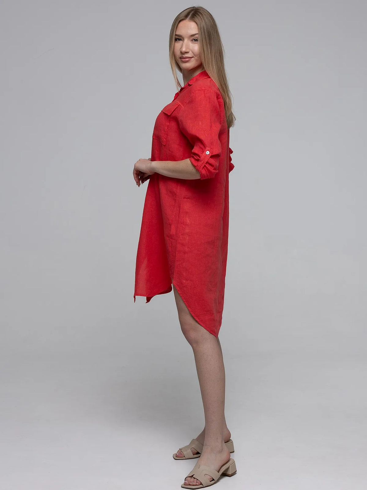 Chemise Long Rouge 100% Lin avec Poches