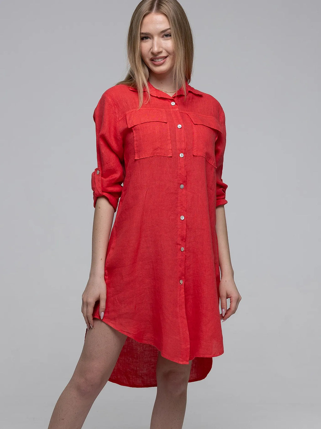 Chemise Long Rouge 100% Lin avec Poches