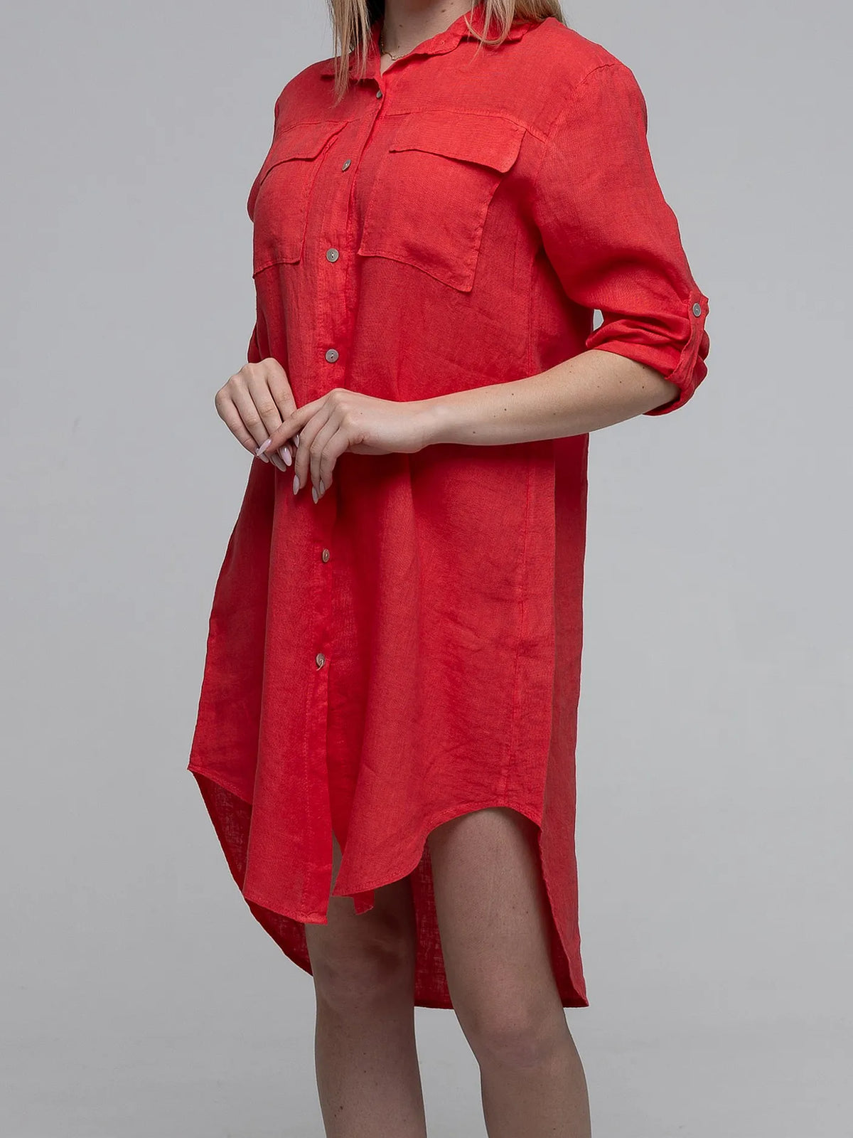 Chemise Long Rouge 100% Lin avec Poches